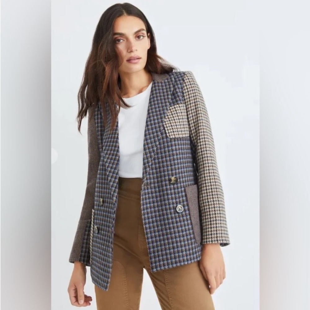 VERONICA BEARD Faustine Houndstooth Dickey Jacket Patchwork Blue Multi New